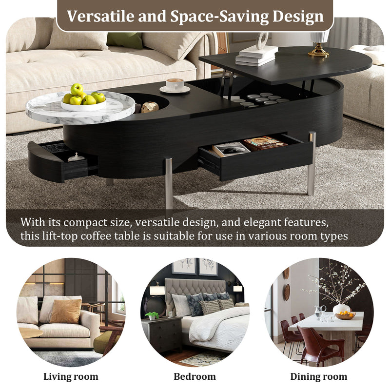 Lift Top Coffee Table With 360 Degree Marble Patterned Rotating Tray