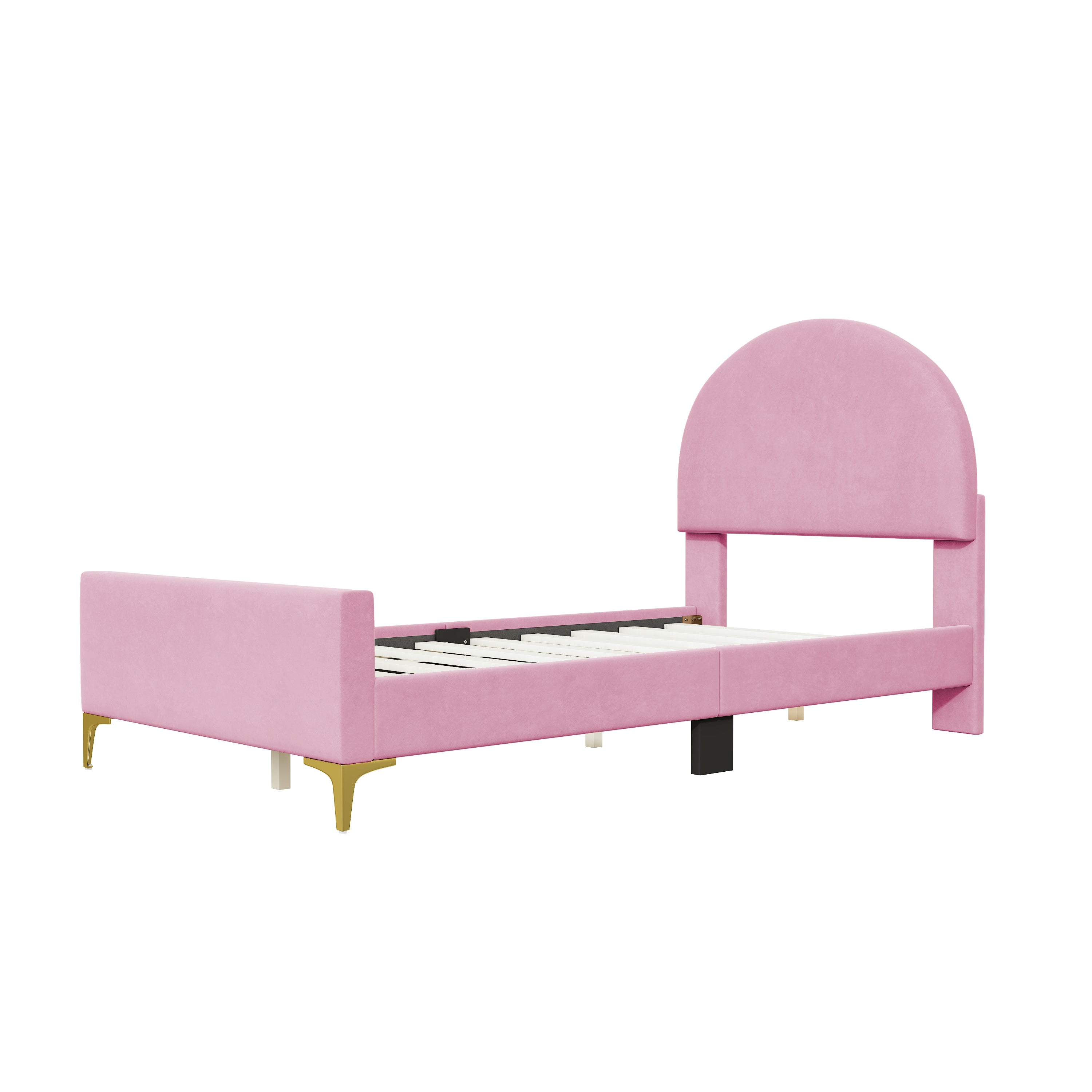 Twin Size Upholstered Platform Bed with Classic Semi-circle Shaped headboard and Mental Legs, Velvet, Pink - Atlantic Fine Furniture Melbourne FL