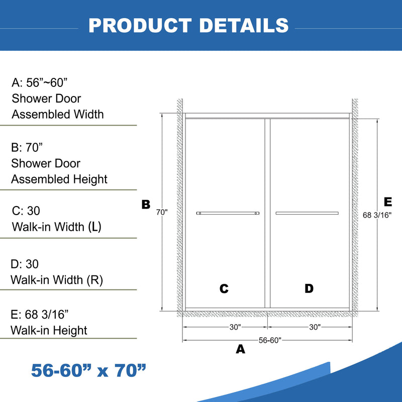 Frame Double Sliding Shower Door, Bypass Bathroom Sliding Door With Premium Clear Tempered Glass, Hardware Sliding Glass Shower Enclosure - Matte Black