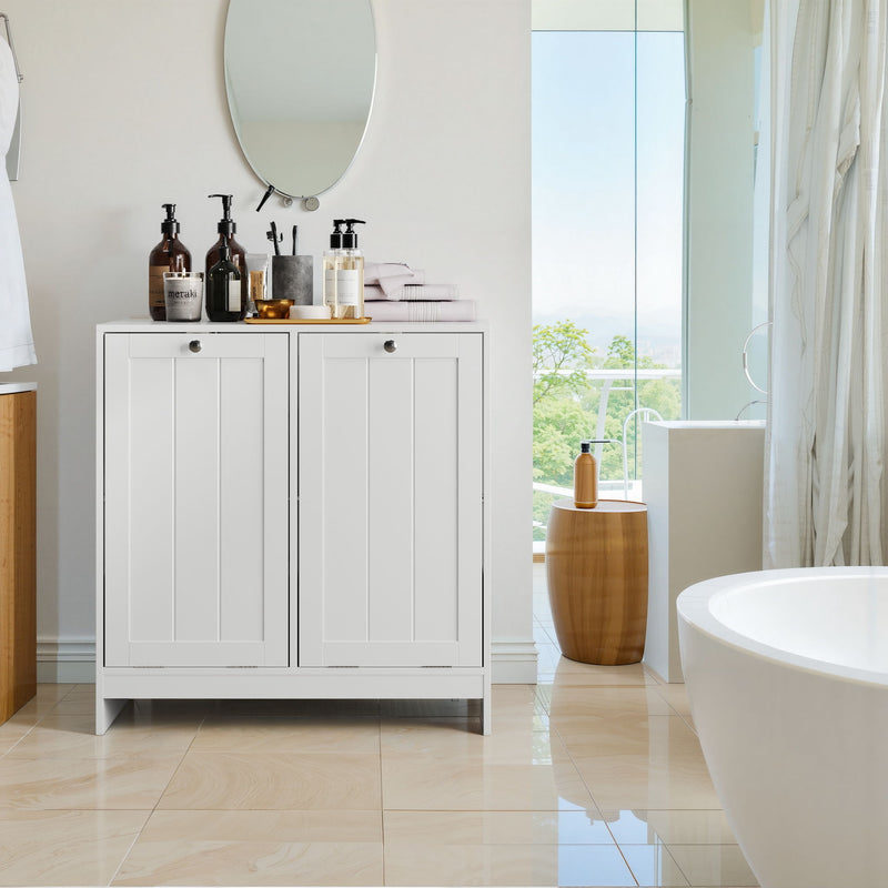 Tilted Laundry Hamper With Removable Basket, Hidden Laundry Hamper, Bathroom Storage Cabinet, Free Standing Organizer - White
