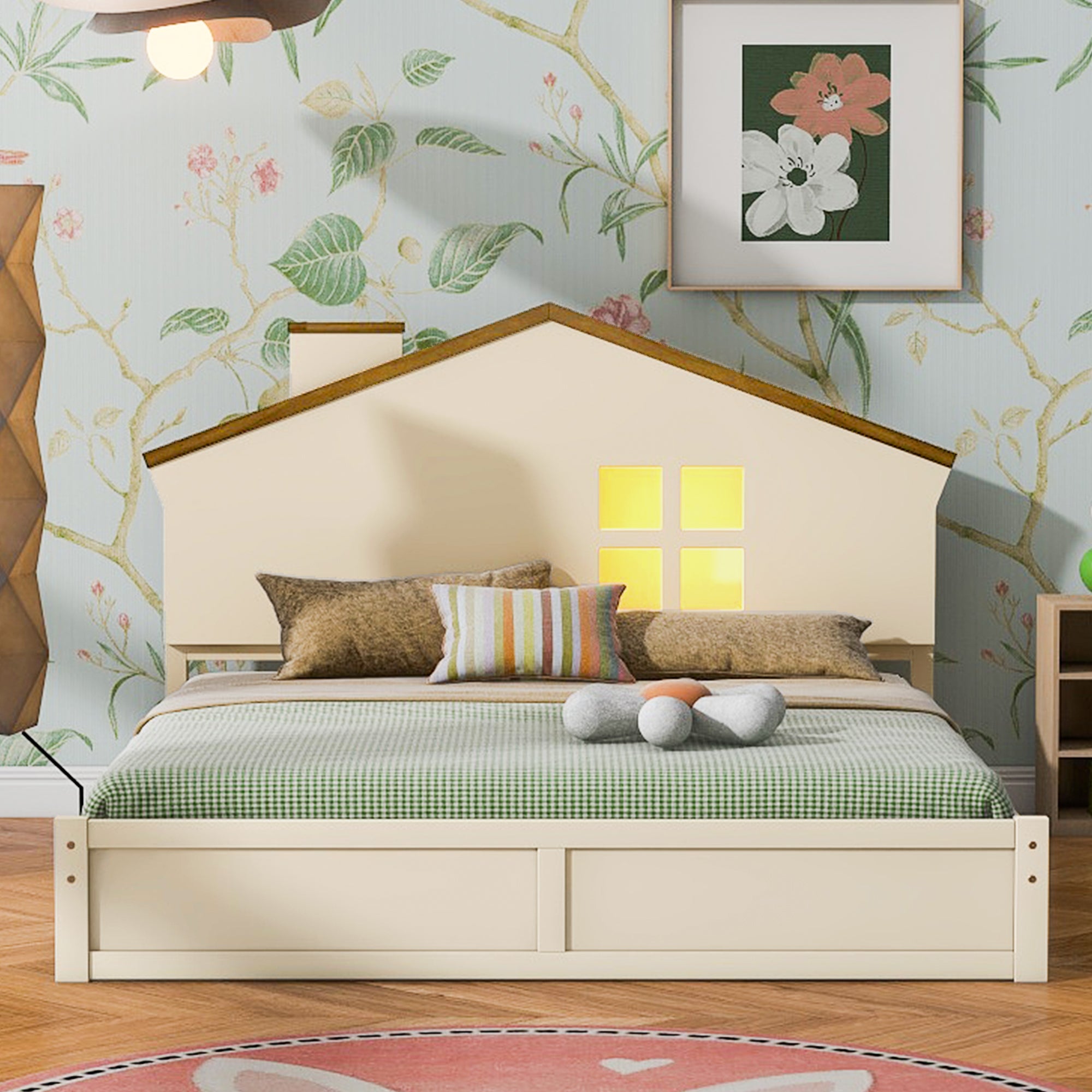 Full Size Wood Platform Bed with House-shaped Headboard and Built-in LED, Walnut+Milk White - Atlantic Fine Furniture Melbourne FL