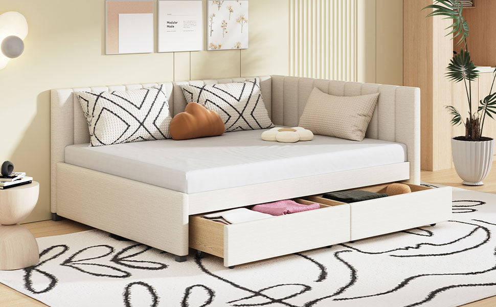 Full Size Upholstered Daybed with 2 Storage Drawers Sofa Bed Frame No Box Spring Needed, Linen Fabric (Beige) - Atlantic Fine Furniture Melbourne FL