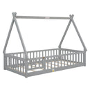 Twin Tent-shaped Floor Bed, with Guardrails, Slats, Door ,Grey