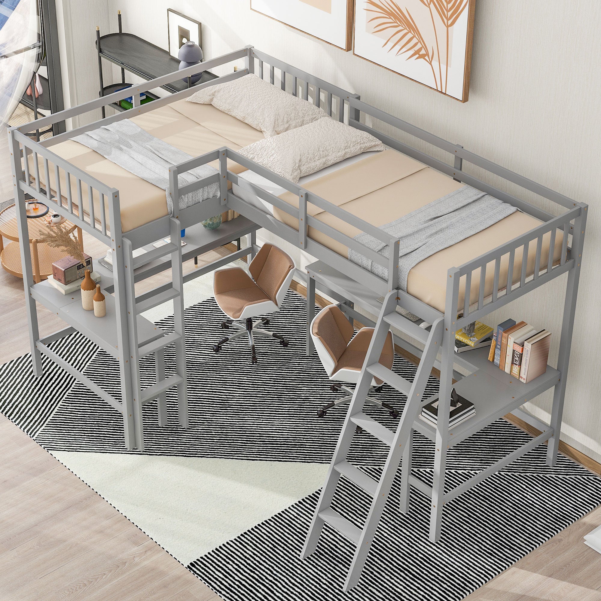 Wood Twin Size L-Shaped Loft Bed with Ladder and 2 Built-in L-Shaped Desks, Gray - Atlantic Fine Furniture Melbourne FL