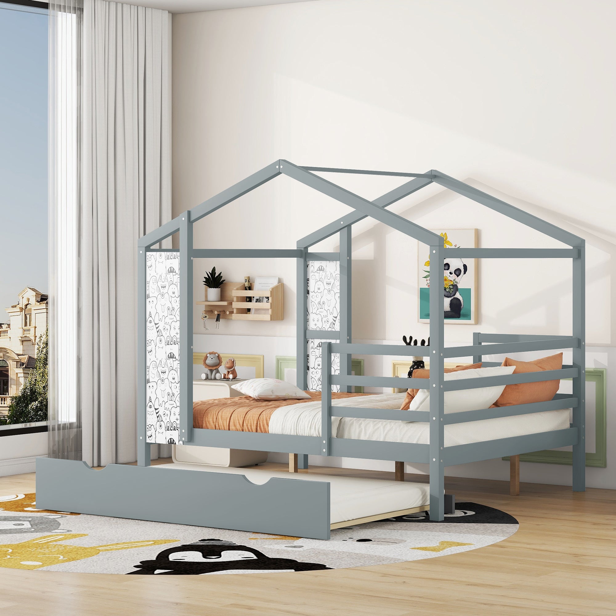 Full Size Wood House Bed with Fence and Writing Board, Gray - Atlantic Fine Furniture Melbourne FL