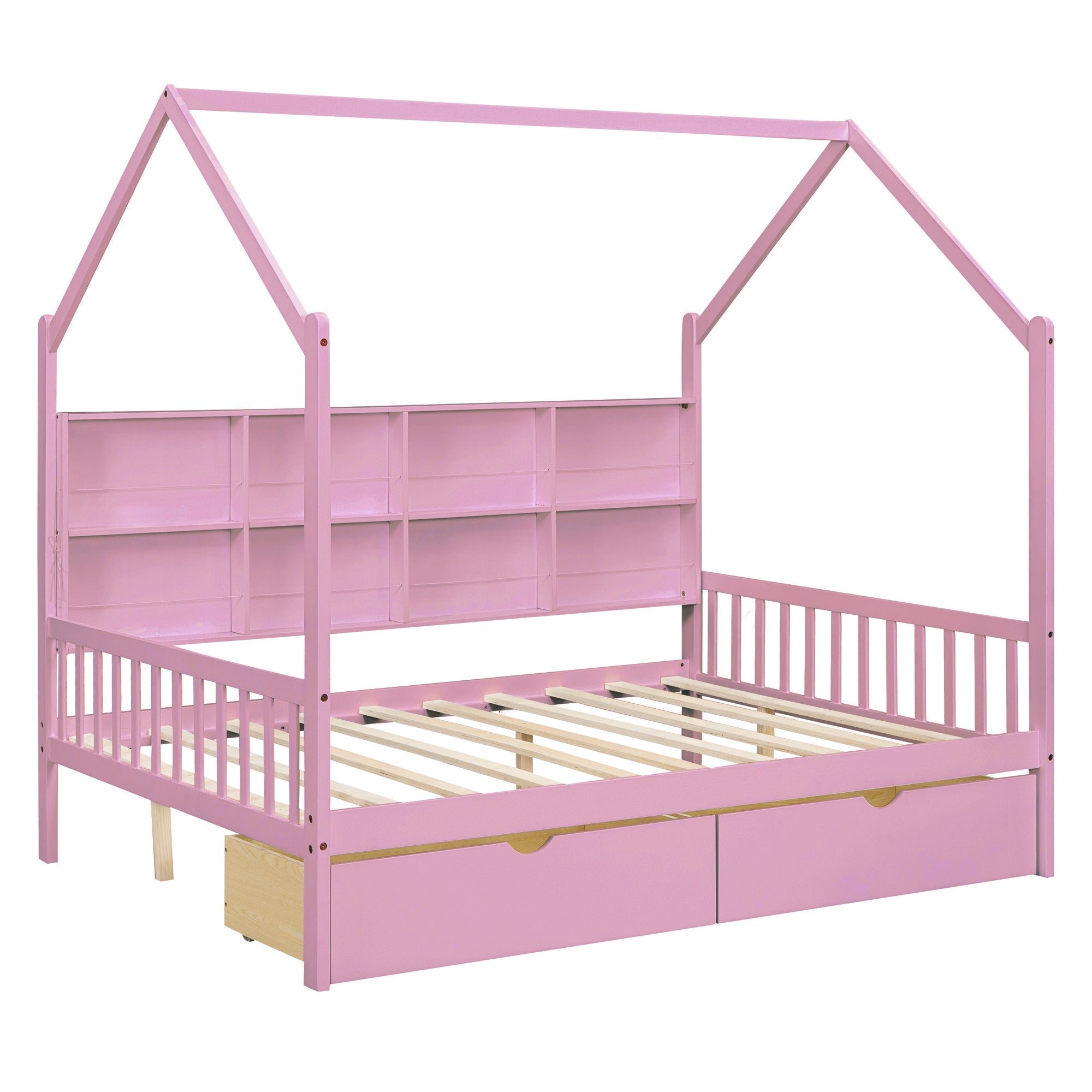 Wooden Full Size House Bed with 2 Drawers,Kids Bed with Storage Shelf, Pink - Atlantic Fine Furniture Melbourne FL
