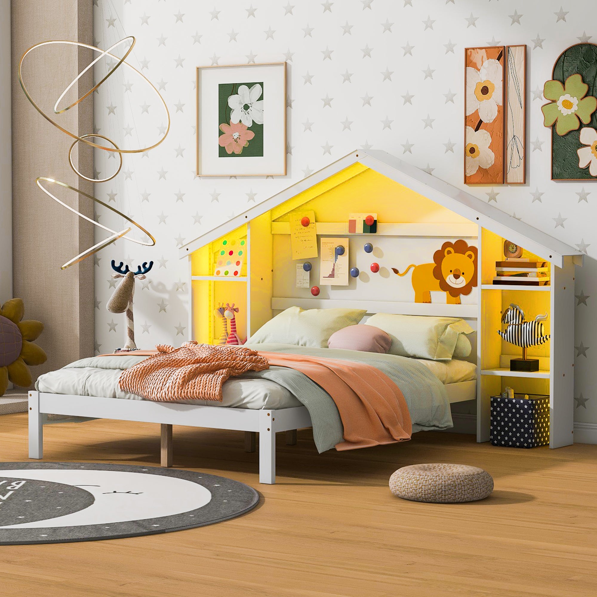 Wood Full Size Platform Bed with House-shaped Storage Headboard and Built-in LED, White - Atlantic Fine Furniture Melbourne FL