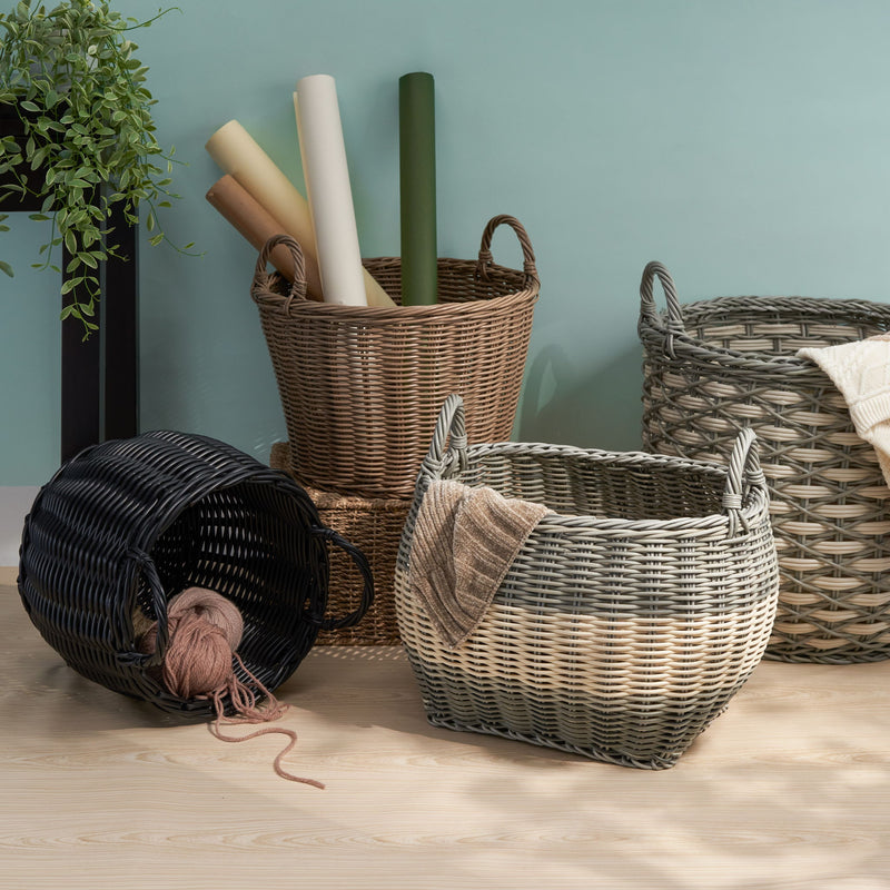 Round Cone Woven Resin Wicker Basket With Handles For Versatile Storage - Walnut Brown