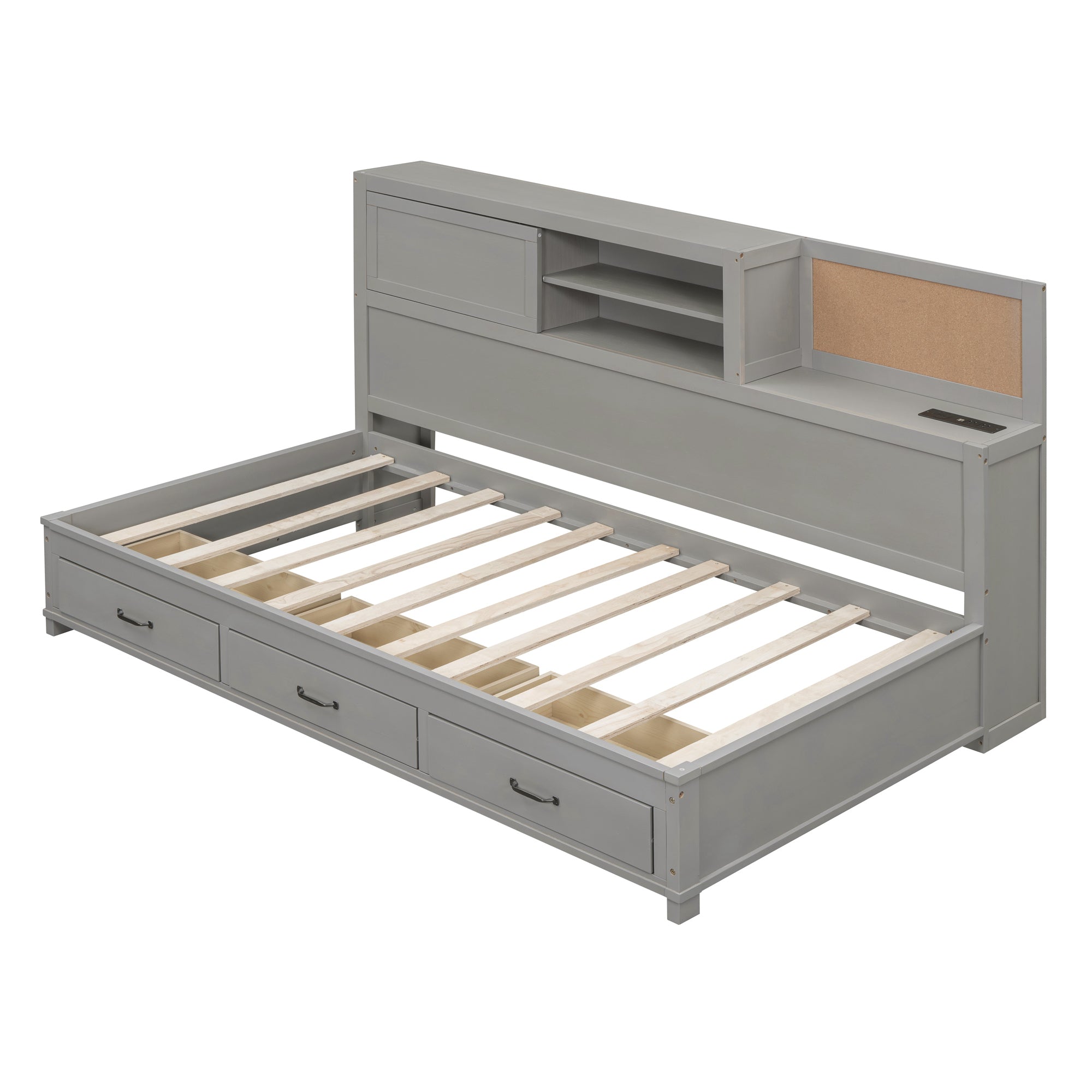 Twin Size Wooden Daybed with 3 Storage Drawers, Upper Soft Board, shelf, and a set of Sockets and USB Ports, Gray - Atlantic Fine Furniture Melbourne FL