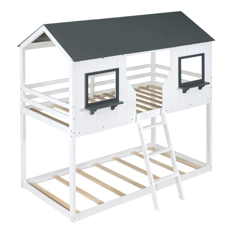 Twin Over Twin Bunk Bed Wood Bed with Roof, Window, Guardrail, Ladder (White)(OLD SKU :LT000045AAK)