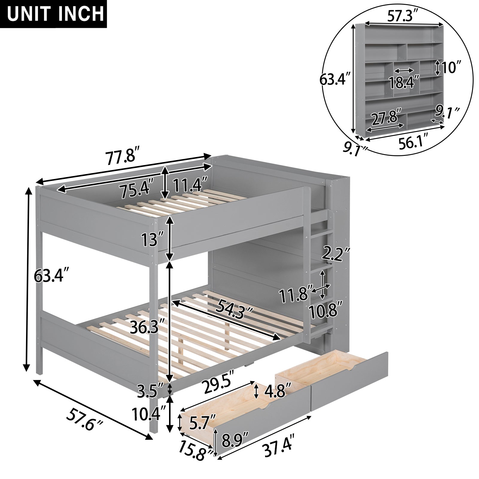 Full over Full Bunk Bed With 2 Drawers and Multi-layer Cabinet, Gray - Atlantic Fine Furniture Melbourne FL