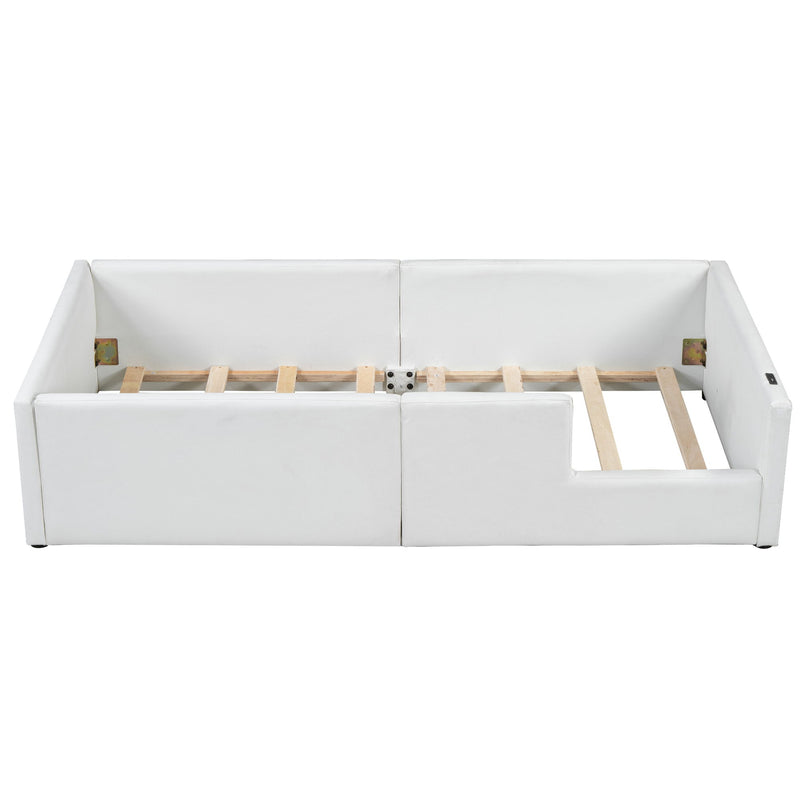 Twin Size Upholstered Platform Bed With Guardrail And Charging Station - White