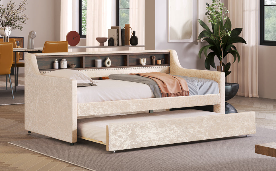 Twin Size Snowflake Velvet Daybed with Trundle and Built-in Storage Shelves,Beige - Atlantic Fine Furniture Melbourne FL