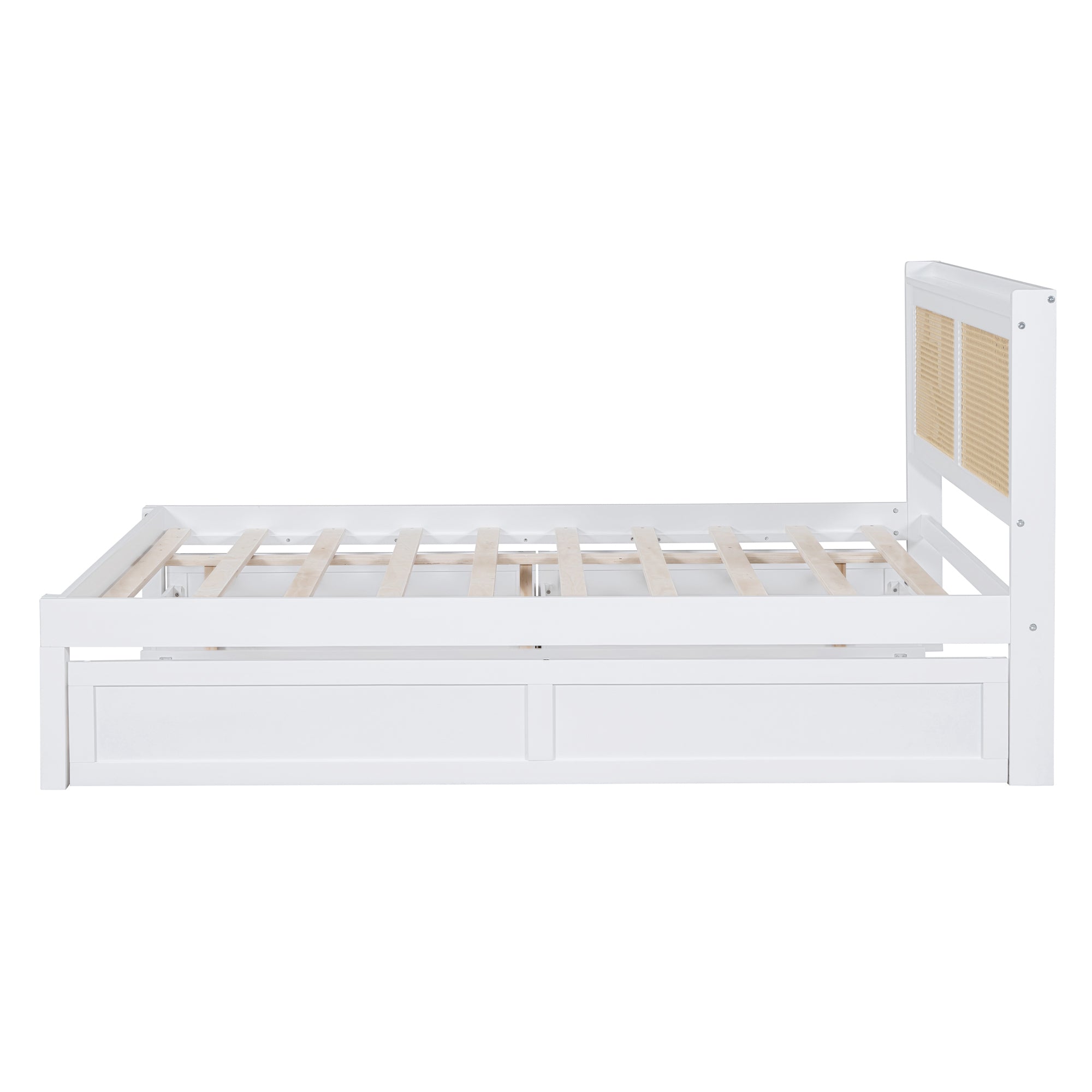 Full Size Elegant Bed Frame with Rattan Headboard and Sockets ,White - Atlantic Fine Furniture Melbourne FL