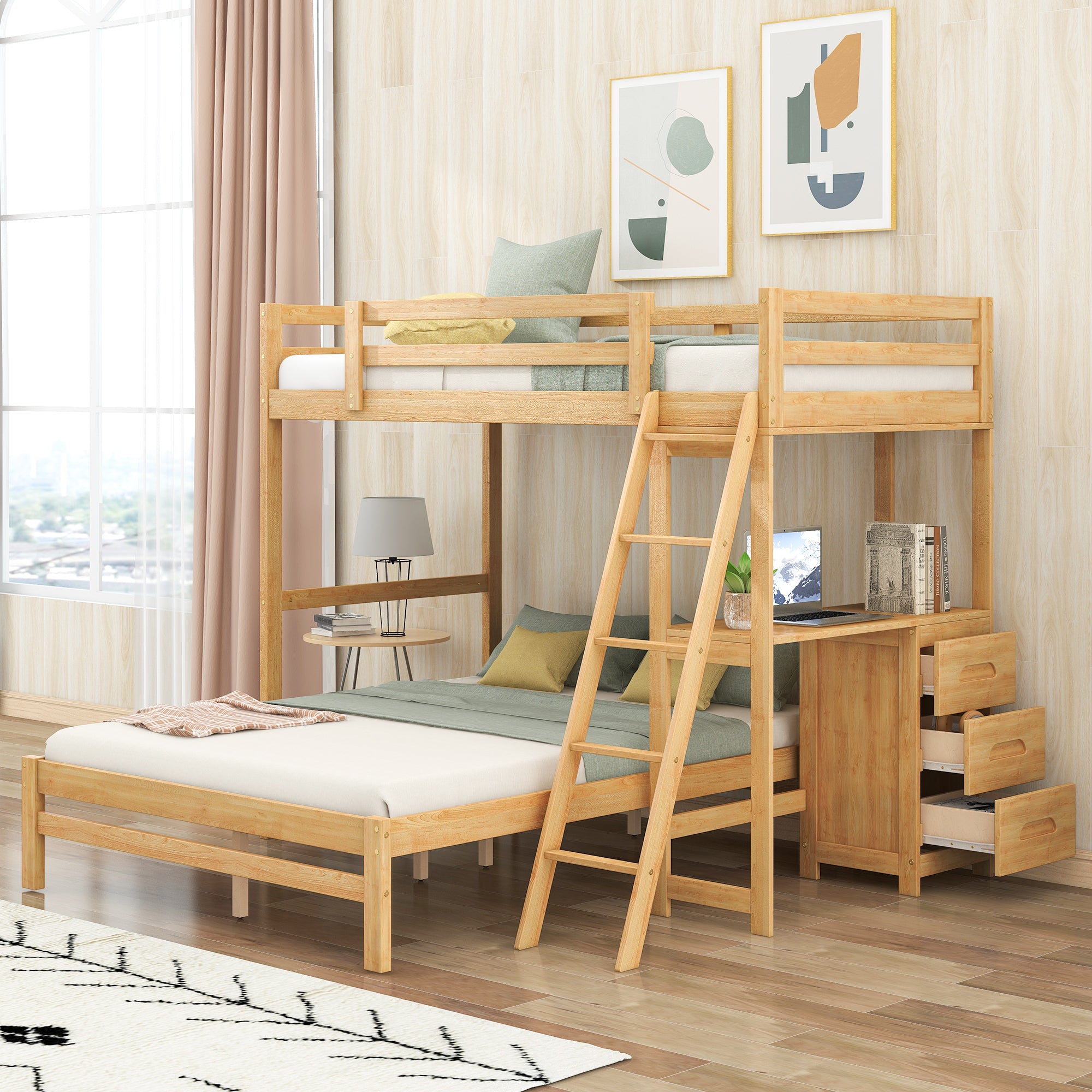 Twin over Full Bunk Bed with Built-in Desk and Three Drawers,Natural - Atlantic Fine Furniture Melbourne FL