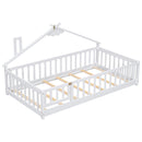 Twin House-Shaped Bedside Floor Bed with Guardrails, Slats, with Door,White
