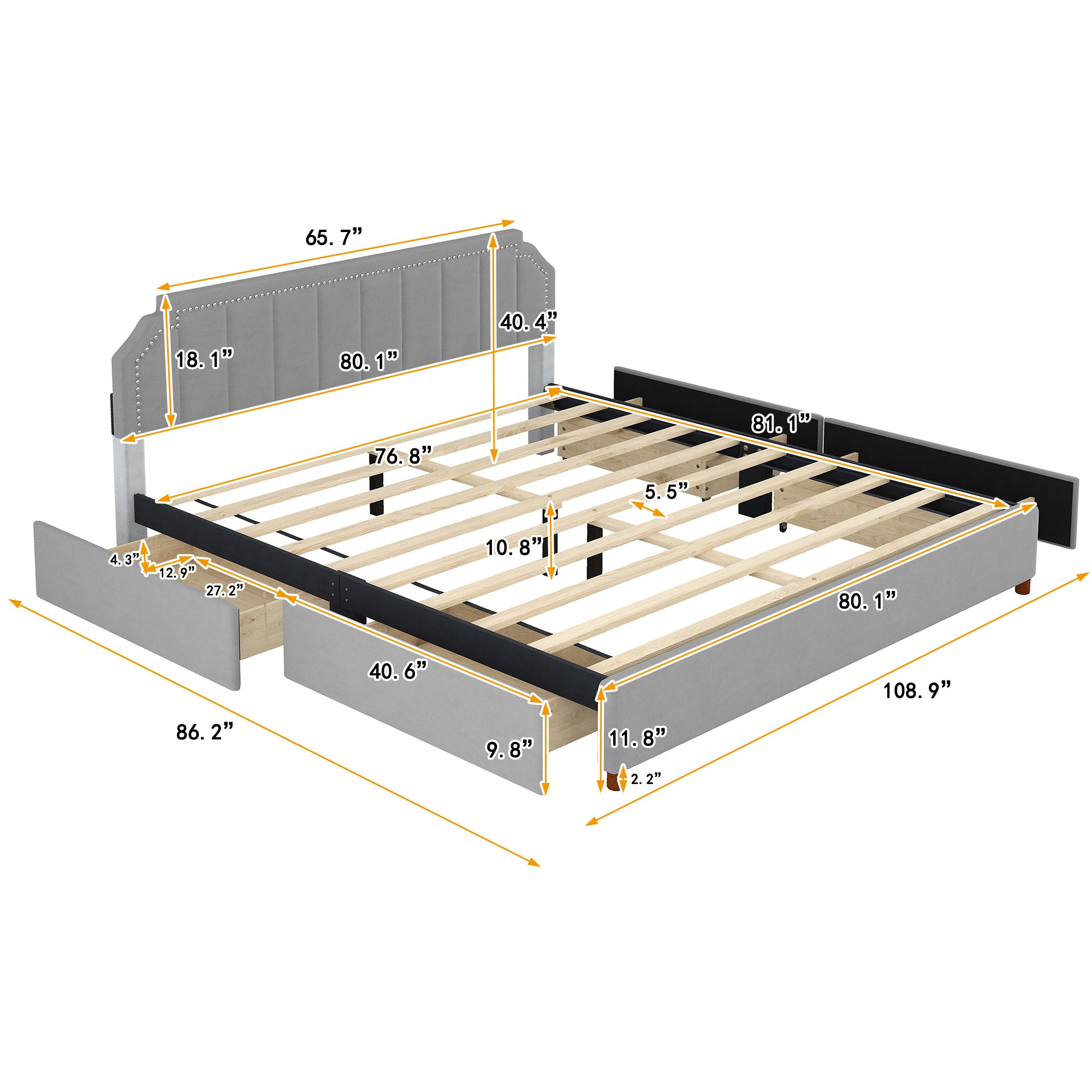 King Size Upholstery Platform Bed with Four Storage Drawers,Support Legs,Grey - Atlantic Fine Furniture Melbourne FL