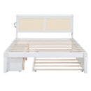 Queen Size Elegant Bed Frame with Rattan Headboard and Sockets ,White