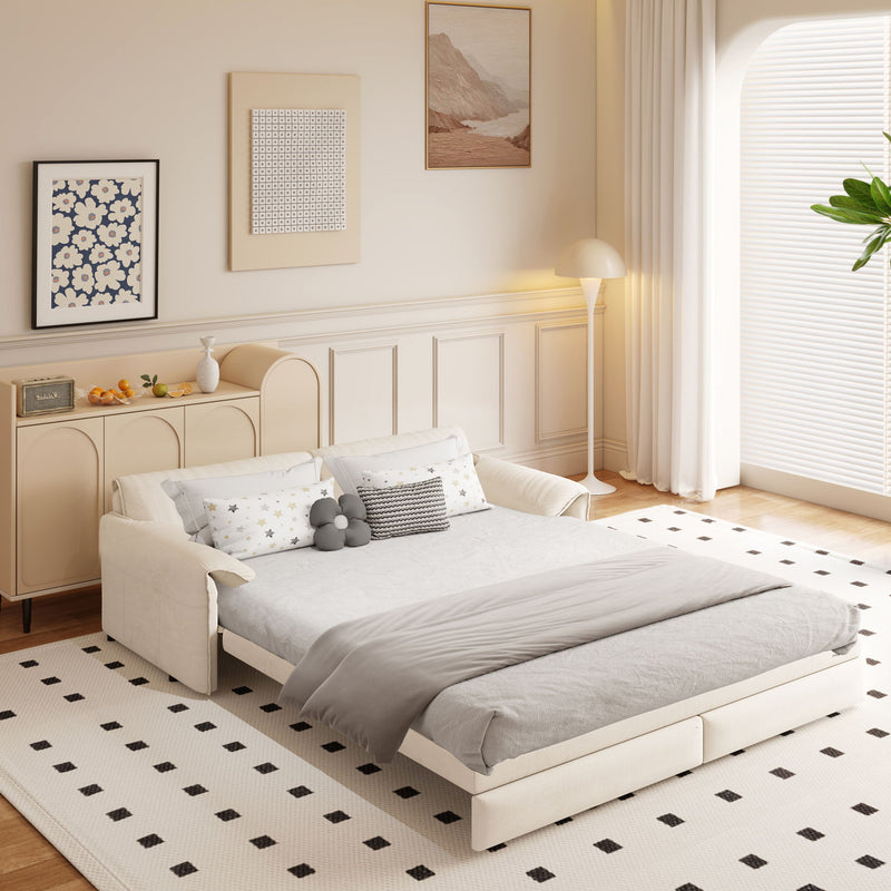 Queen Pull Out Sofa Bed, 3 In 1 Convertible Sleeper Sofa With Side Storage For Living Room - Beige