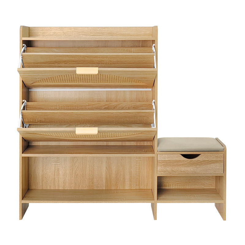 Shoe Storage Cabinet Rattan Shoe Storage Organizer With 2 Flip Drawers, A Storage Drawer And A Bench For Entryway, And Hallway - Light Brown