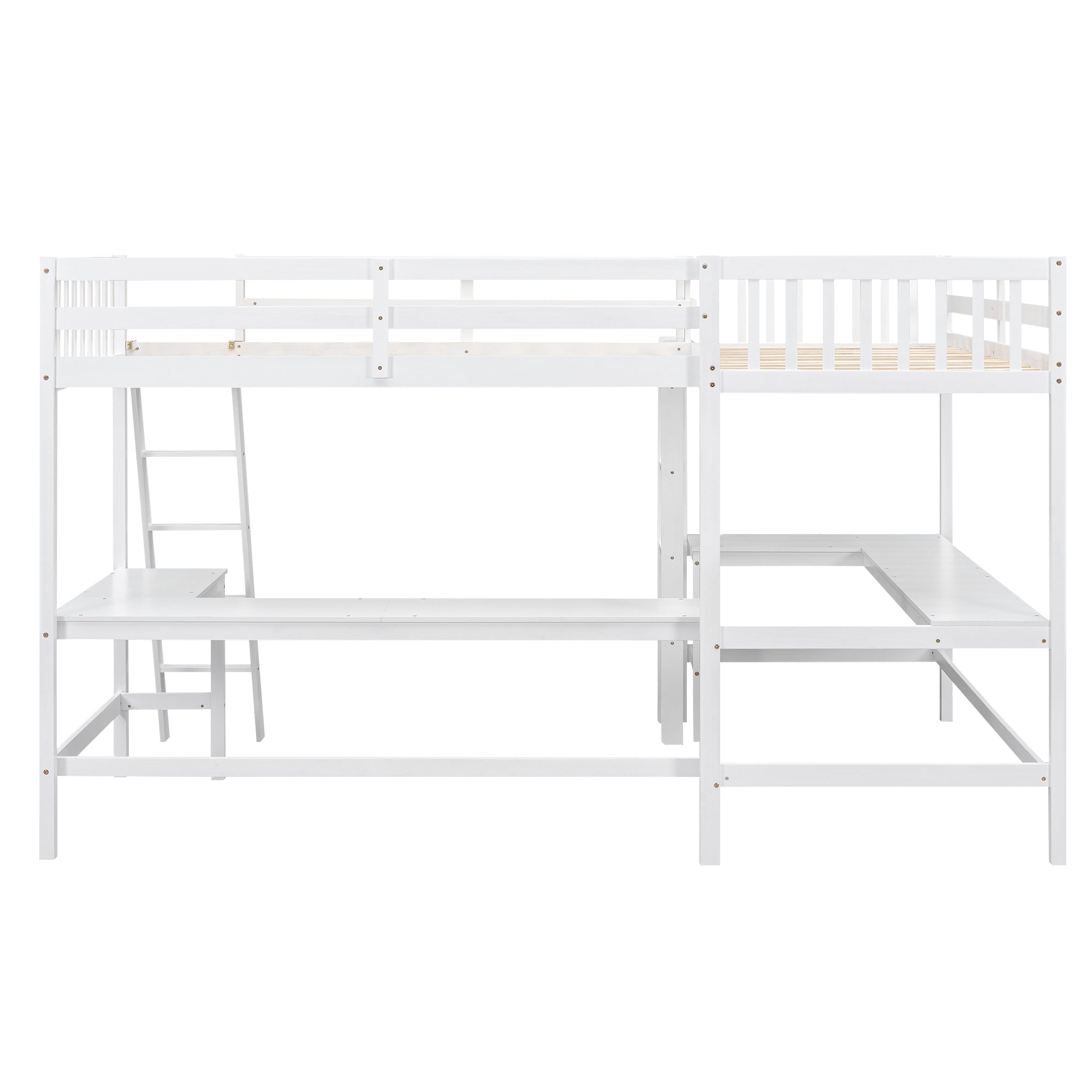 Wood Twin Size L-Shaped Loft Bed with Ladder and 2 Built-in L-Shaped Desks, White - Atlantic Fine Furniture Melbourne FL