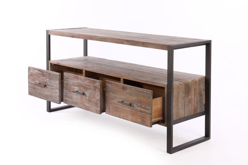 Reclaimed Wood Media TV Console Table With 3 Drarwer, Open Shelf - Antique Gray