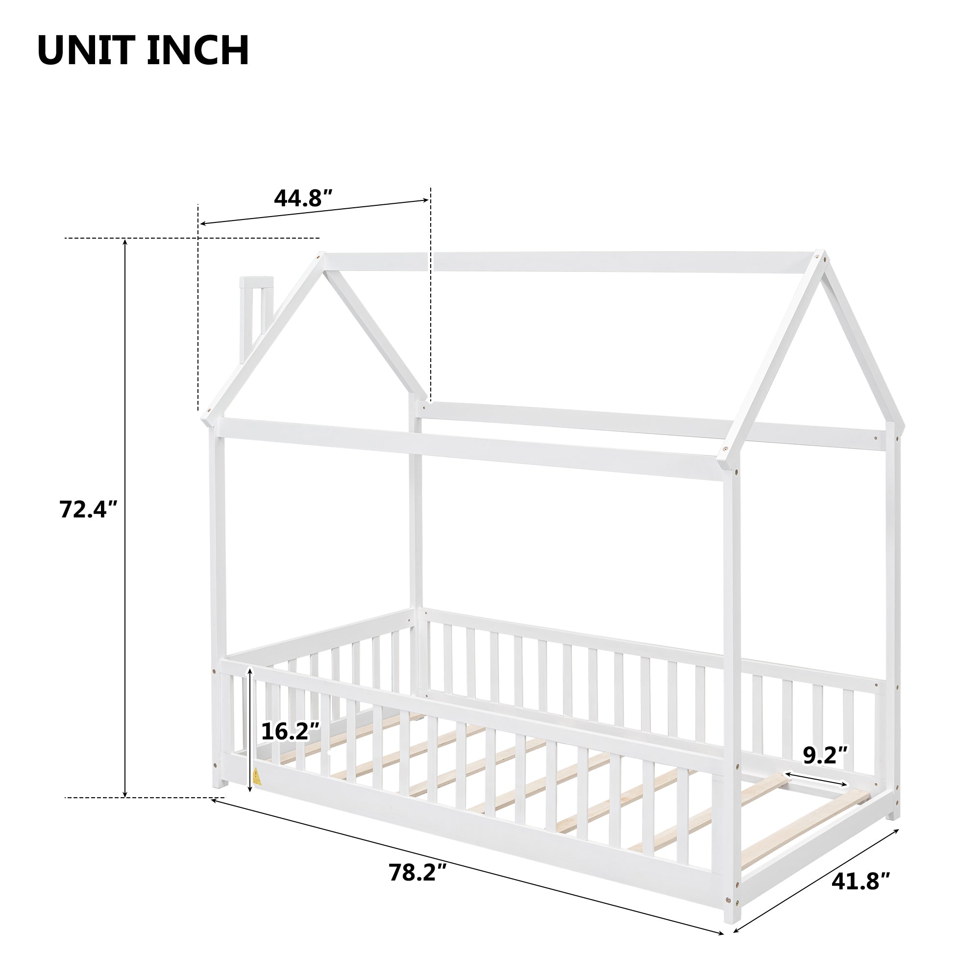 Twin House Bed with Guardrails, Slats ,White