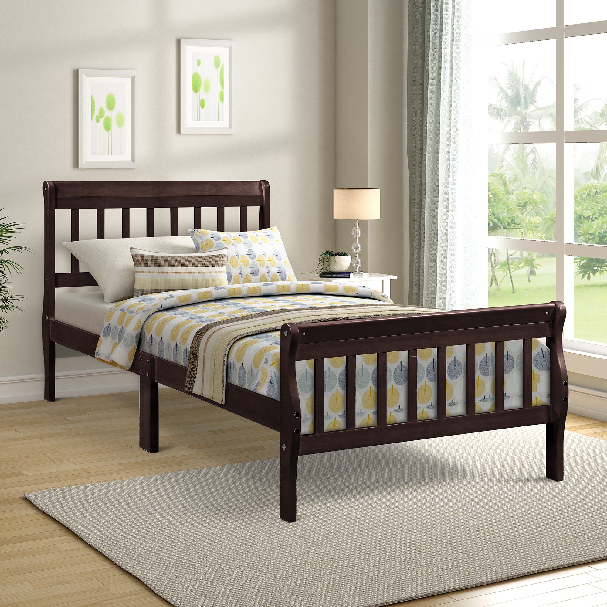 Wood Platform Bed Twin Bed Frame Panel Bed Mattress Foundation Sleigh Bed with Headboard/Footboard/Wood Slat Support - Atlantic Fine Furniture Melbourne FL