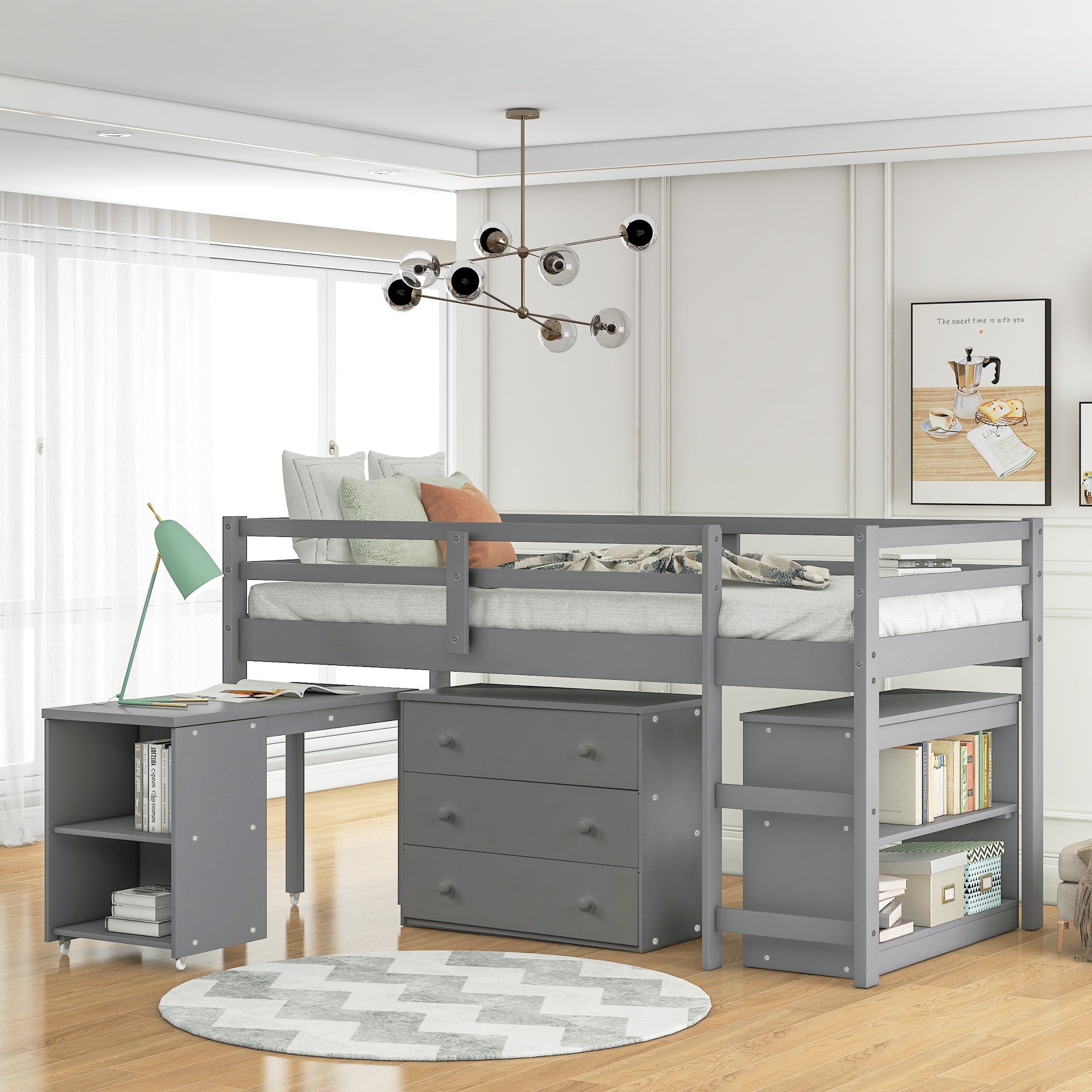 Low Study Twin Loft Bed with Cabinet and Rolling Portable Desk - Gray (OLD SKU :LP000113AAE) - Atlantic Fine Furniture Melbourne FL