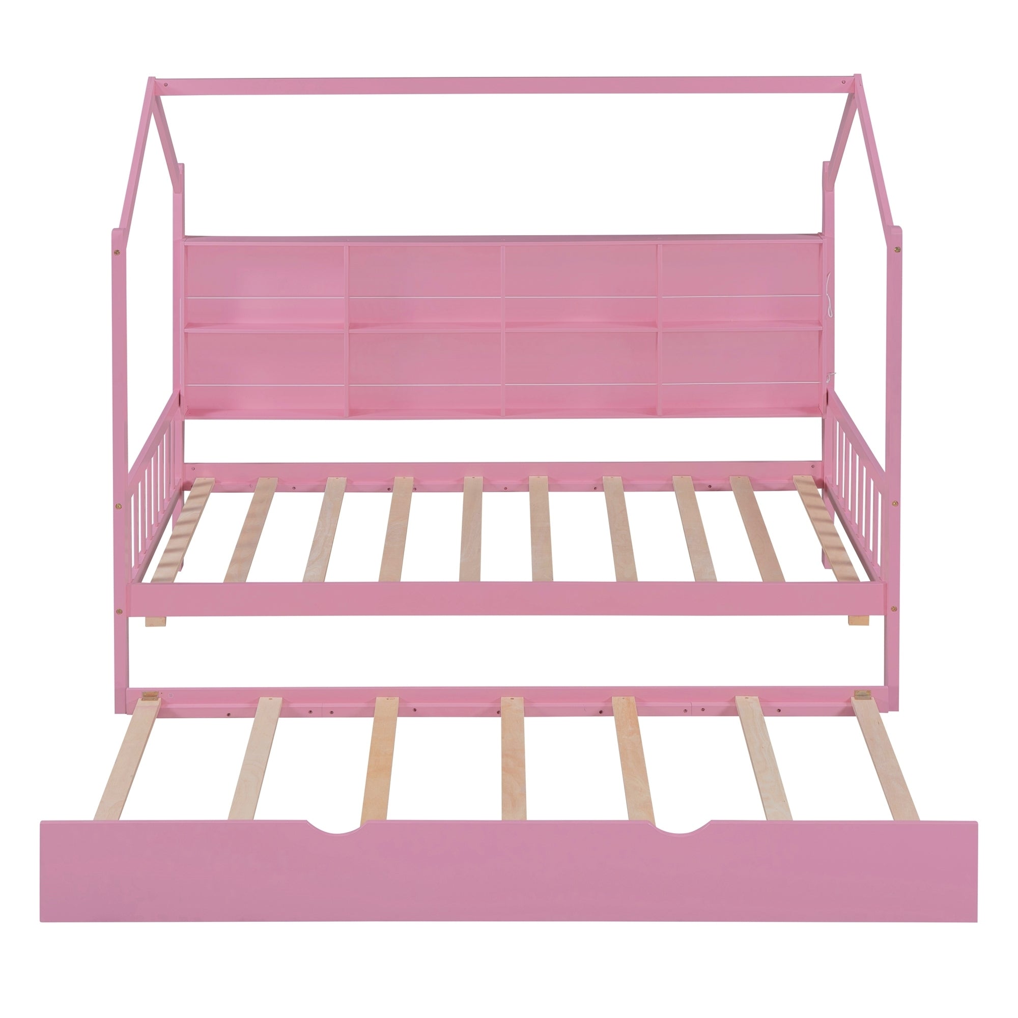 Wooden Twin Size House Bed with Trundle,Kids Bed with Shelf,Pink