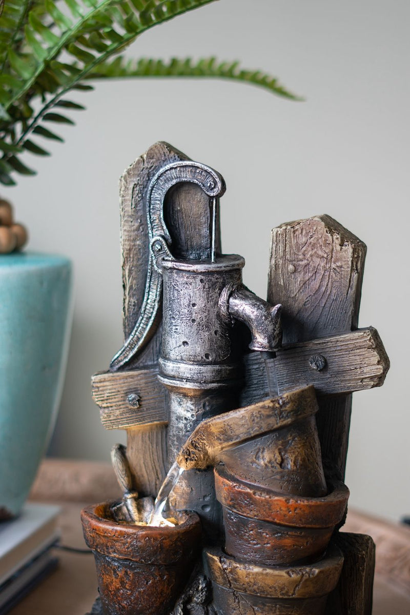 Water Fountain With Antique Water Pump Design And LED Light - Brown / Gray