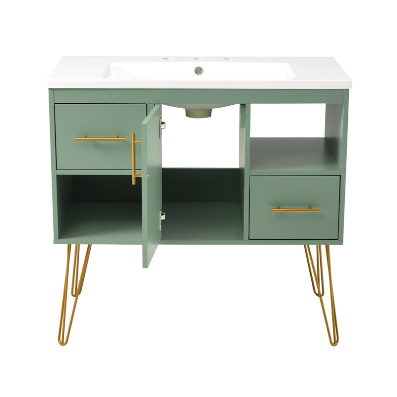 Bathroom Vanity With Resin Sink Combo Set, Modern Freestanding Single Bathroom Cabinet With 2 Drawers & 2 Storage Compartments, Storage Cabinet For Bathroom, Frame Vanity Set - Green