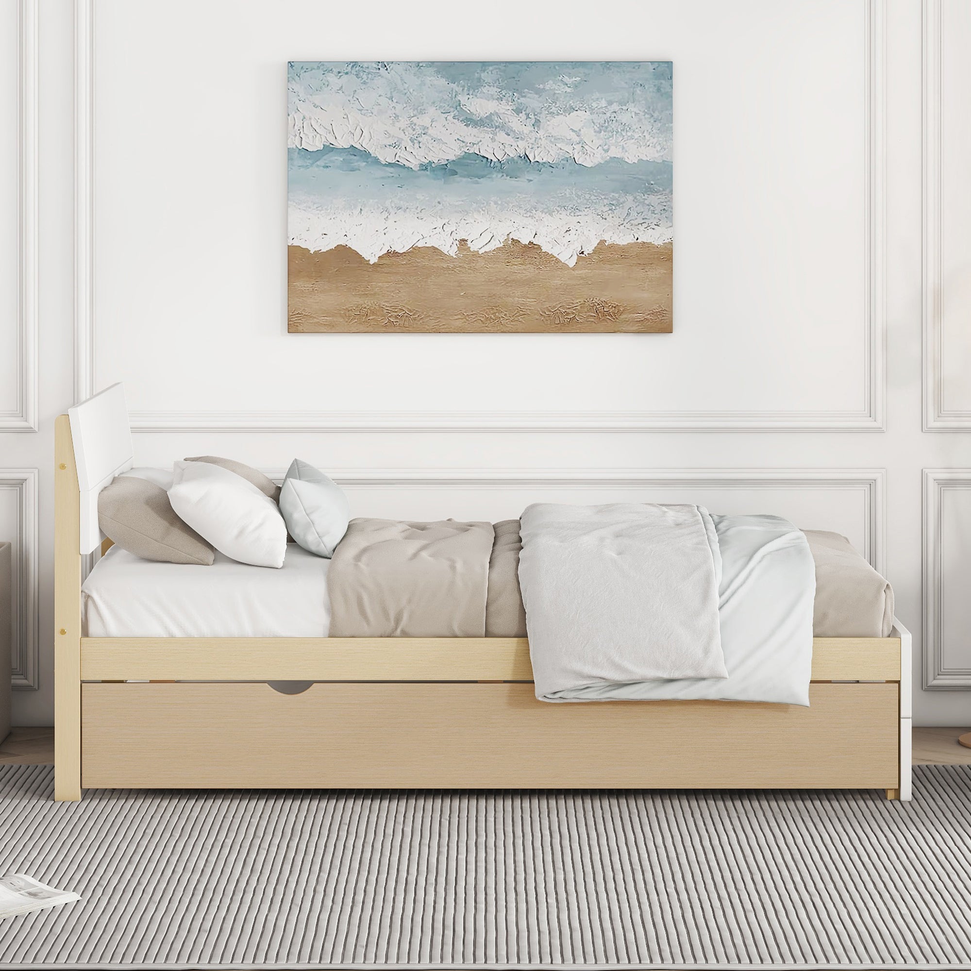 Modern Twin Bed Frame With Trundle For White High Gloss Headboard and Footboard With Light Oak Color - Atlantic Fine Furniture Melbourne FL