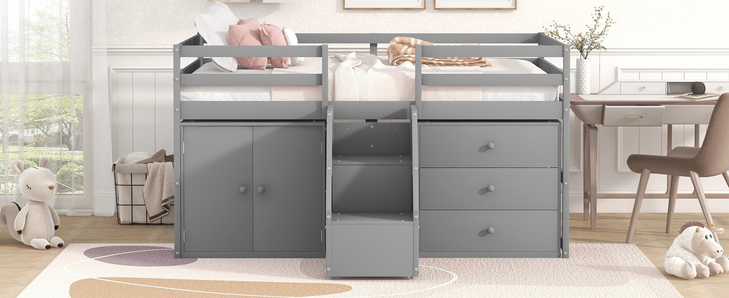 Full Size Functional Loft Bed with Cabinets and Drawers, Hanging Clothes at the back of the Staircase, Gray - Atlantic Fine Furniture Melbourne FL