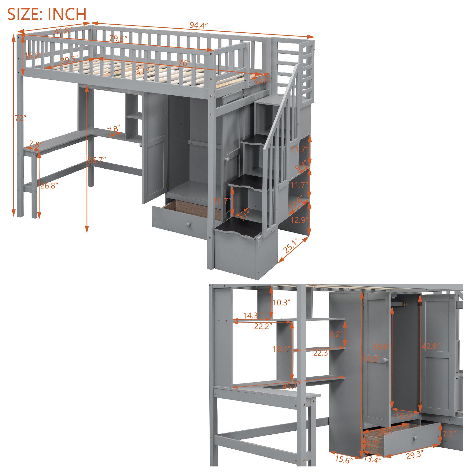 Twin size Loft Bed with Bookshelf,Drawers,Desk,and Wardrobe-Gray - Atlantic Fine Furniture Melbourne FL