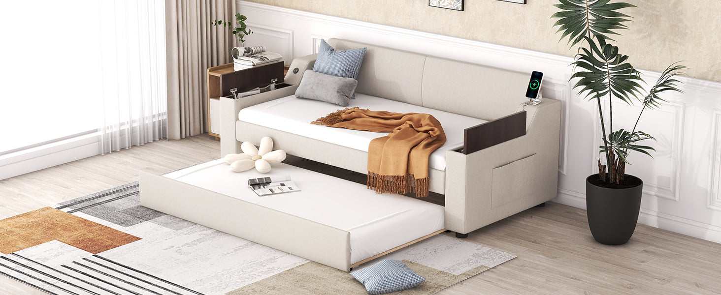 Twin Size Upholstery Daybed with Storage Arms, Trundle and USB Design, Beige - Atlantic Fine Furniture Melbourne FL