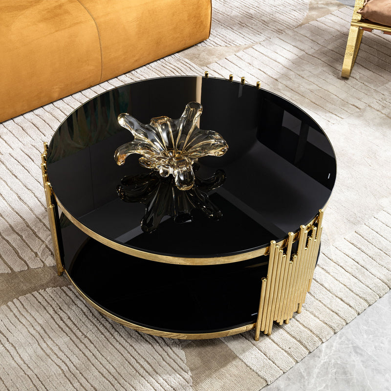 Elegant Round Table With Double Layer Tempered Glass Top And Stainless Steel Frame For Living Room