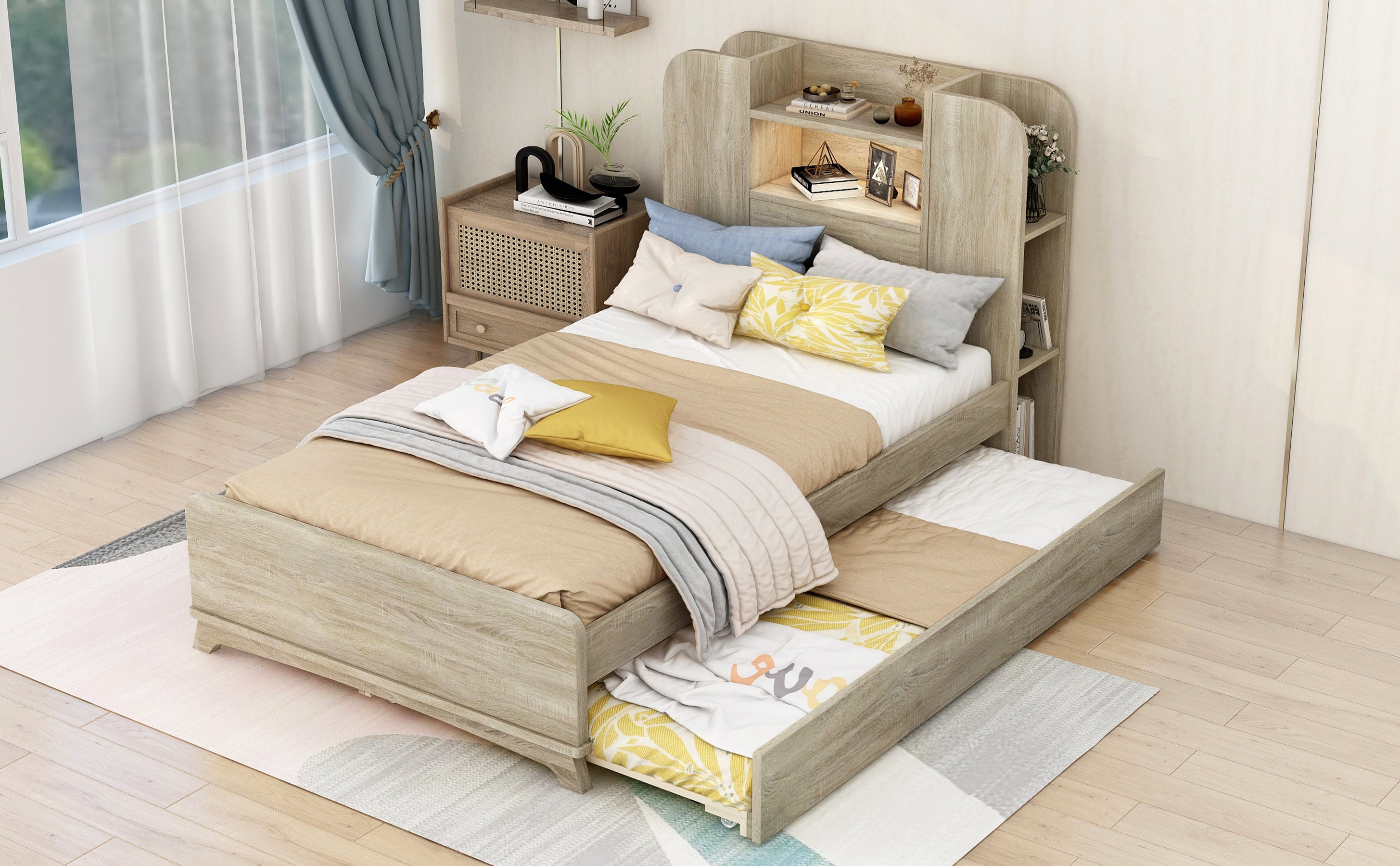 Twin Size Storage Platform Bed Frame with with Trundle and Light Strip Design in Headboard,Natural - Atlantic Fine Furniture Melbourne FL