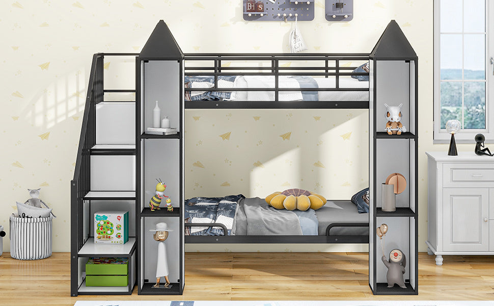 Metal Twin over Twin Castle-shaped Bunk Bed with Wardrobe and Multiple Storage, Black+White - Atlantic Fine Furniture Melbourne FL