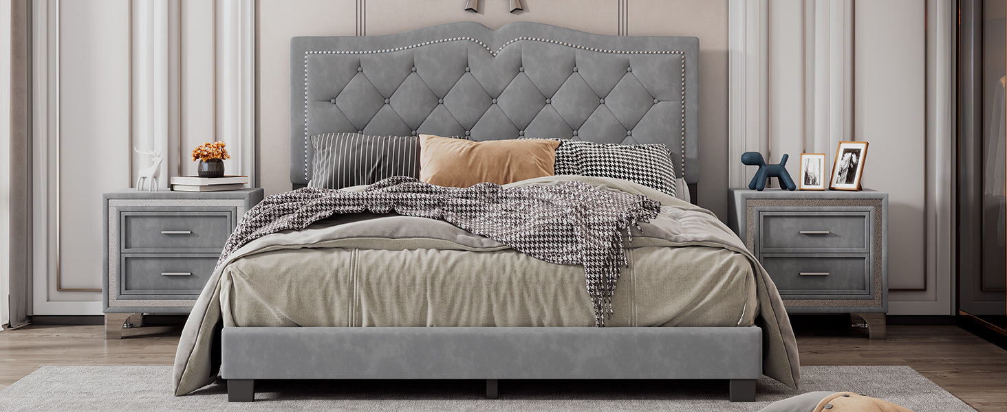 Queen Size Upholstered Bed Frame with Rivet Design, Modern Velvet Platform Bed with Tufted Headboard,Gray - Atlantic Fine Furniture Melbourne FL