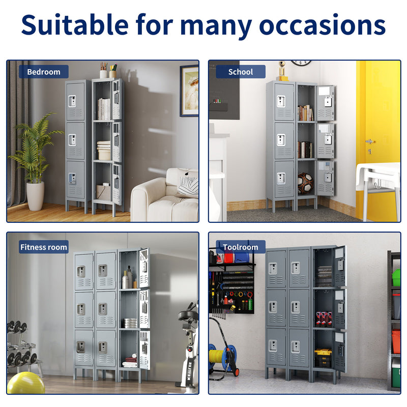 Lockers For Employees With 3 Door Storage Locker Durable For Gym, School, Office - Gray