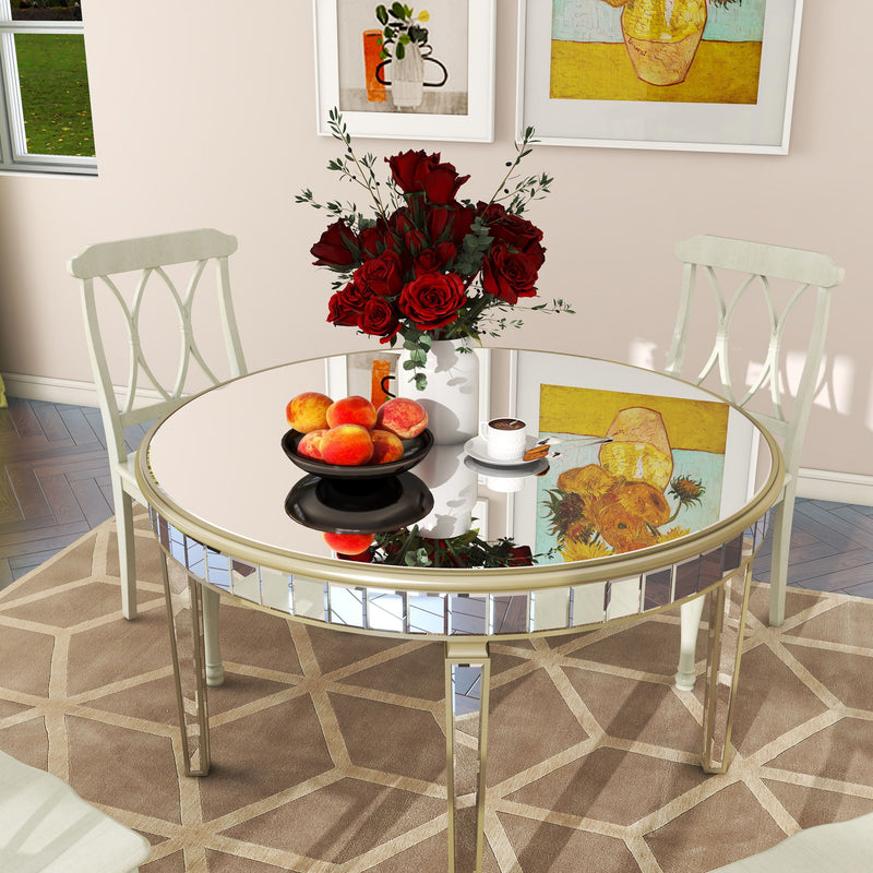 Round Glass Dining Table With Mirror Top - Silver