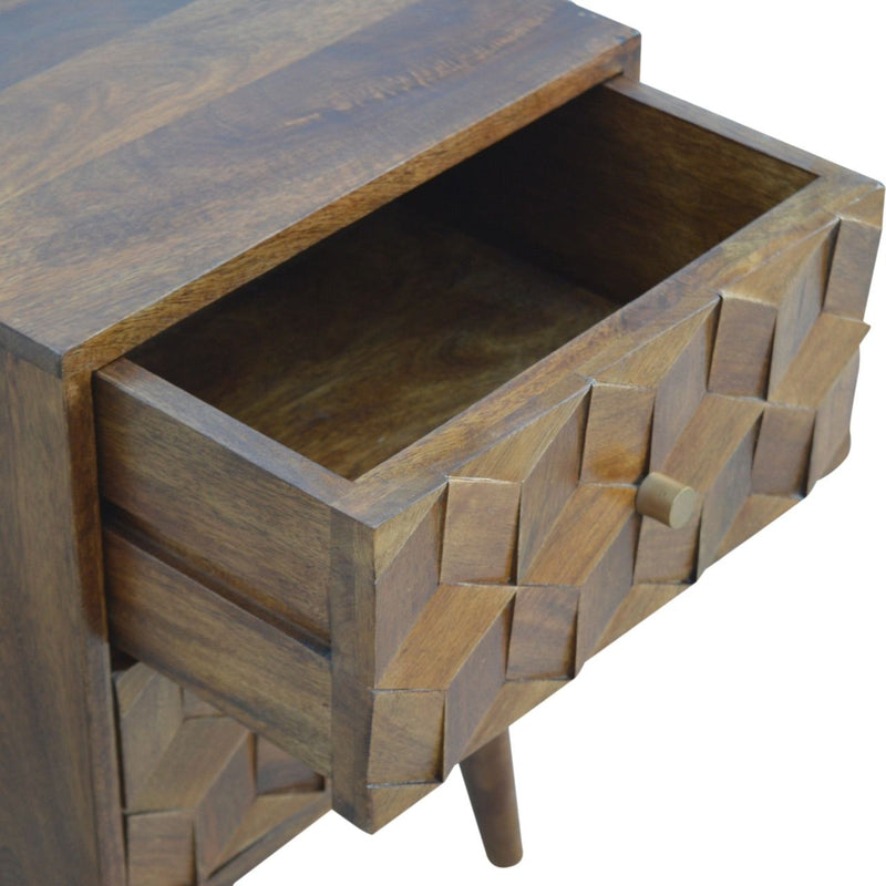 Cube Carved Bedside Table Nightstand - Chestnut