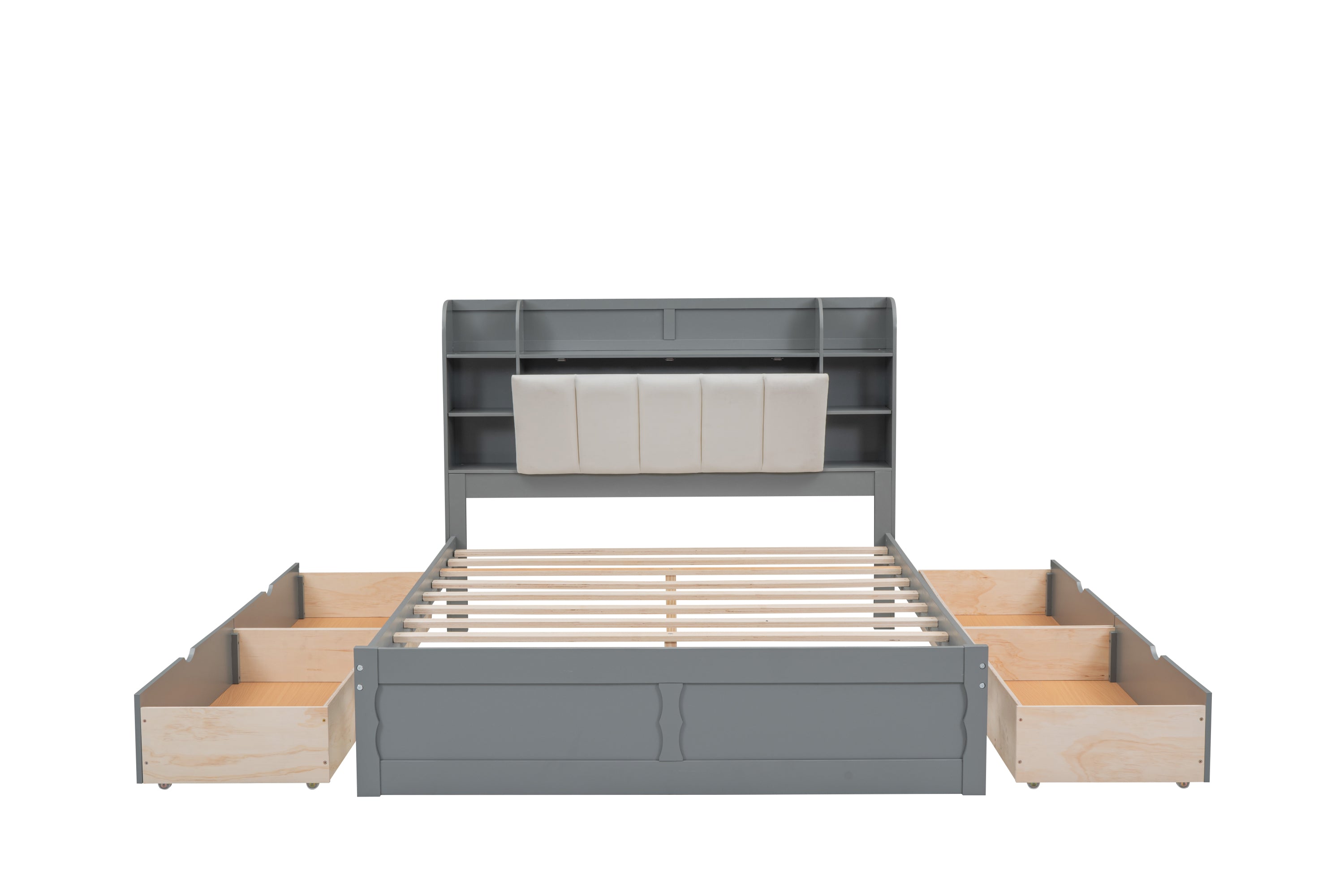 Wood Queen Size Platform Bed with Storage Headboard, Shelves and 4 Drawers, Gray - Atlantic Fine Furniture Melbourne FL