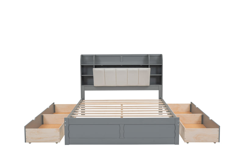 Wood Queen Size Platform Bed with Storage Headboard, Shelves and 4 Drawers, Gray