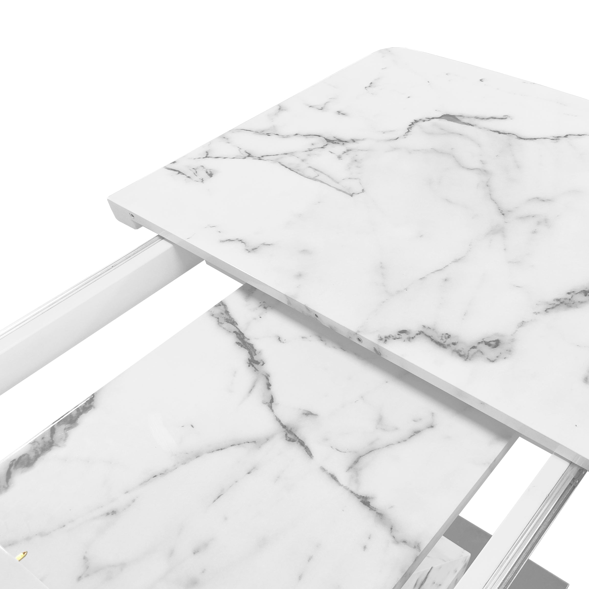Modern Square Dining Table, Stretchable, with Printed White Marble Table Top+MDF X-Shape Table Leg with Metal Base