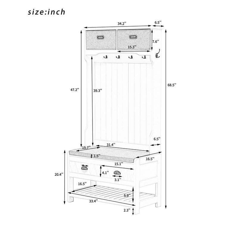 Hall Tree With 6 Hooks And Hinged Lid, Coat Hanger, Storage Bench, 3 In 1 Design