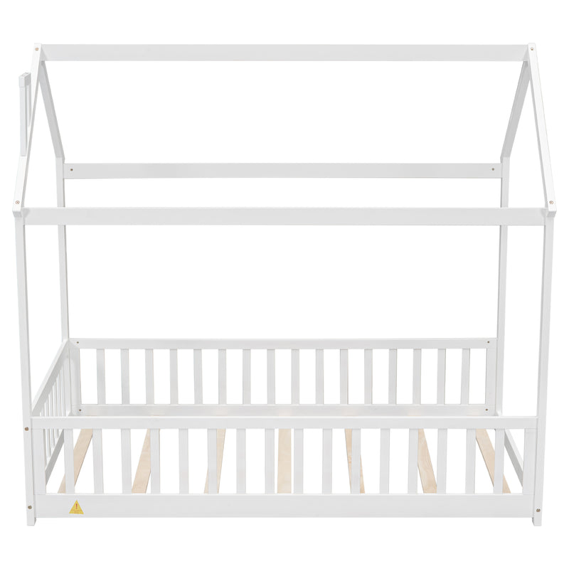 Twin House Bed with Guardrails, Slats ,White