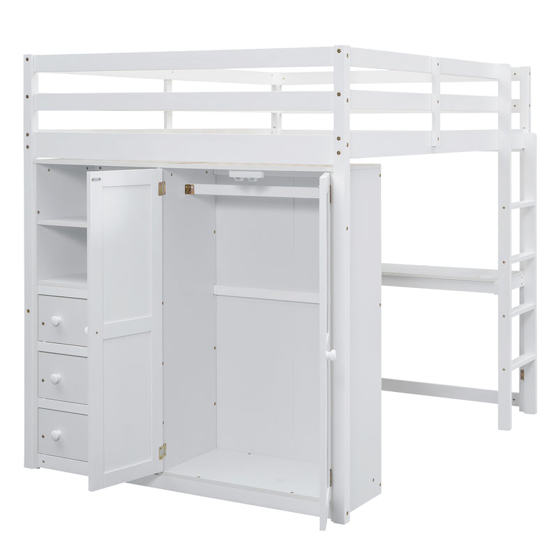 Wood Full Size Loft Bed with Built-in Wardrobe, Desk, Storage Shelves and Drawers, White