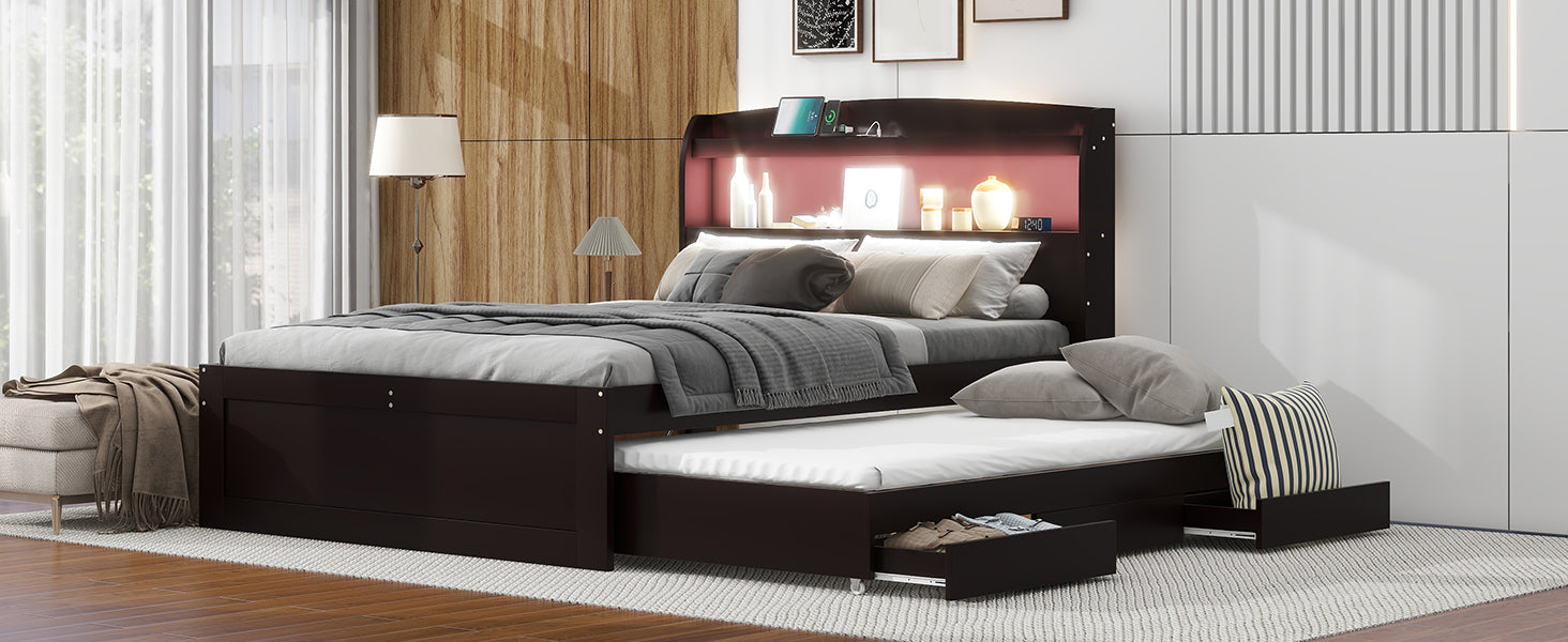 Full XL Size Platform Bed with Storage LED Headboard, Charging Station, Twin Size Trundle and 2 Drawers, Dark Brown - Atlantic Fine Furniture Melbourne FL